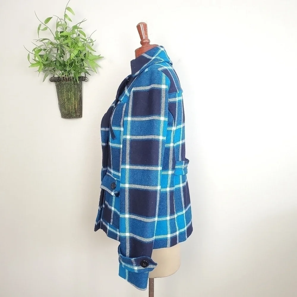American Eagle Wool Plaid Check Double Breasted Pea Coat Peacoat Jacket AE M Y2K